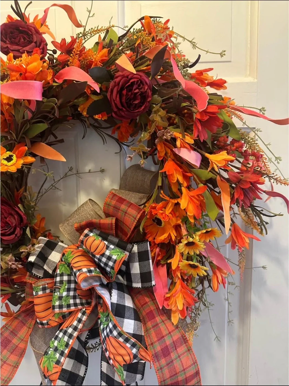 Fall Orange and Burgundy Holiday Wreath with Plaid Bow